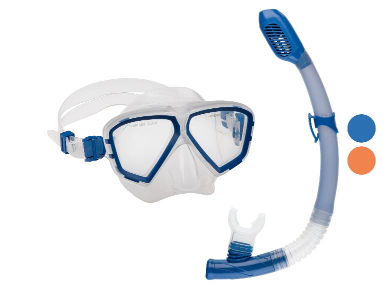 Duikmasker met snorkel in blauwe en transparante kleuren.