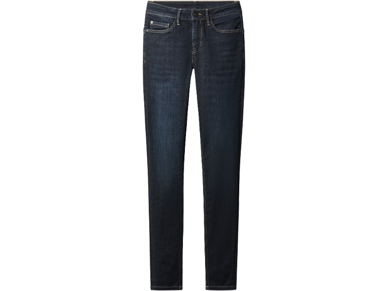 Donkerblauwe damesjeans met contrasterende stiksels en voorzakken.