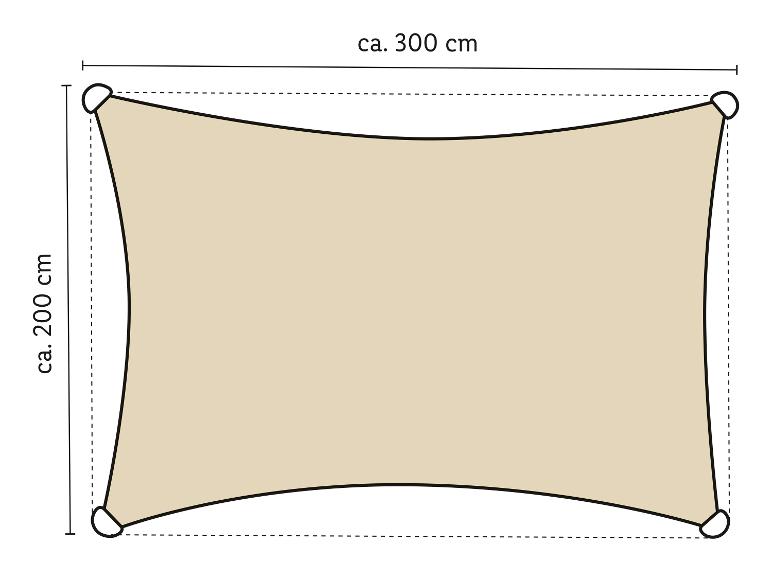 Rechthoekig beige schaduwdoek, ongeveer 300 cm bij 200 cm.