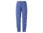 Blauwe kinderpyjamabroek met Elsa-figuren en sneeuwvlokken.