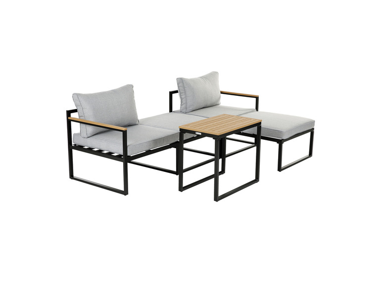 Een set van twee stoelen en een salontafel, gemaakt van zwart metaal met grijze kussens.