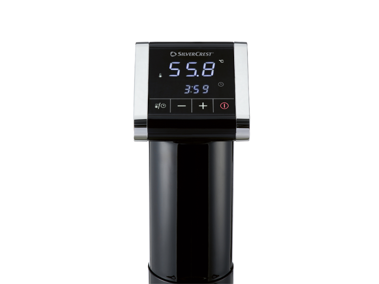 Slim kookapparaat met digitaal display dat 55.8°C en tijd 3:59 toont.