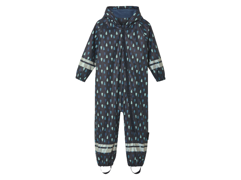 Kinderregenpak met druppelpatroon en reflectoren.