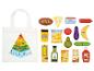 Tas met voedselpiramide en diverse speelgoedvoeding, waaronder brood, kaas, fruit en groenten.