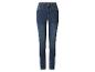 Donkerblauwe skinny jeans voor dames met hoge taille en zichtbare stiksels.