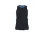 Zwart mouwloos sportshirt met blauwe accenten.