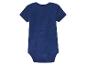 Een donkerblauwe baby romper met korte mouwen.