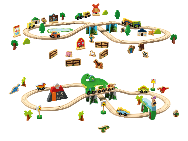 Houten treinset met boerderij- en dinosaurus-thema's, inclusief rails, voertuigen en figuren.