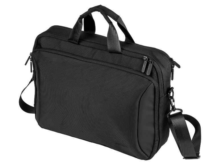 Zwarte laptoptas met handvatten en schouderriem.