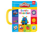 Play-Doh boek met eerste woorden voor baby's, met afbeeldingen van auto, robot, zon, koe, bal en appel.