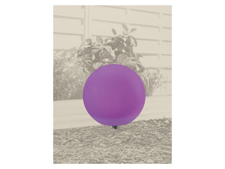 Paarse bolvormige tuinlamp tegen een achtergrond van een houten schutting en planten.