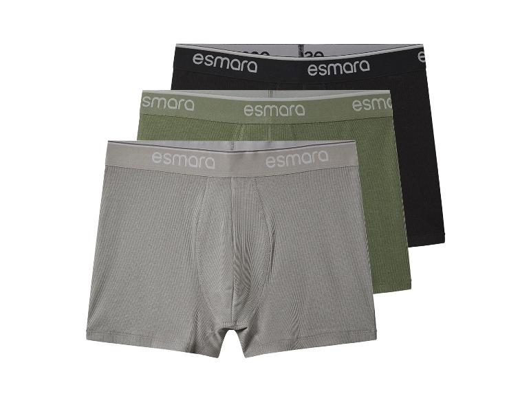 Drie Esmara herenboxershorts in grijs, olijfgroen en zwart.