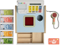 Speelgoedkassa met bankbiljetten, creditcard en scanner.