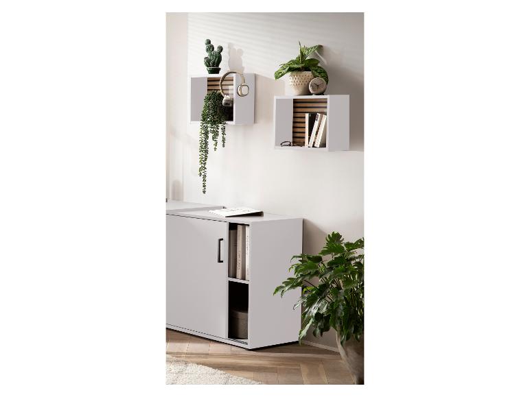 Woonkamer met witte wandplanken, planten en een wit dressoir met schuifdeur.