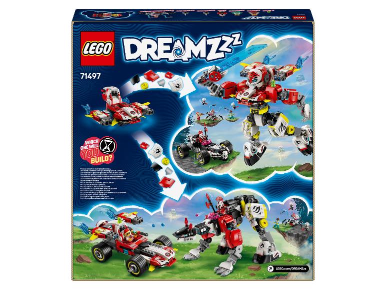 LEGO DREAMZzz doos met een robot en een voertuig, beide gebouwd van stenen.