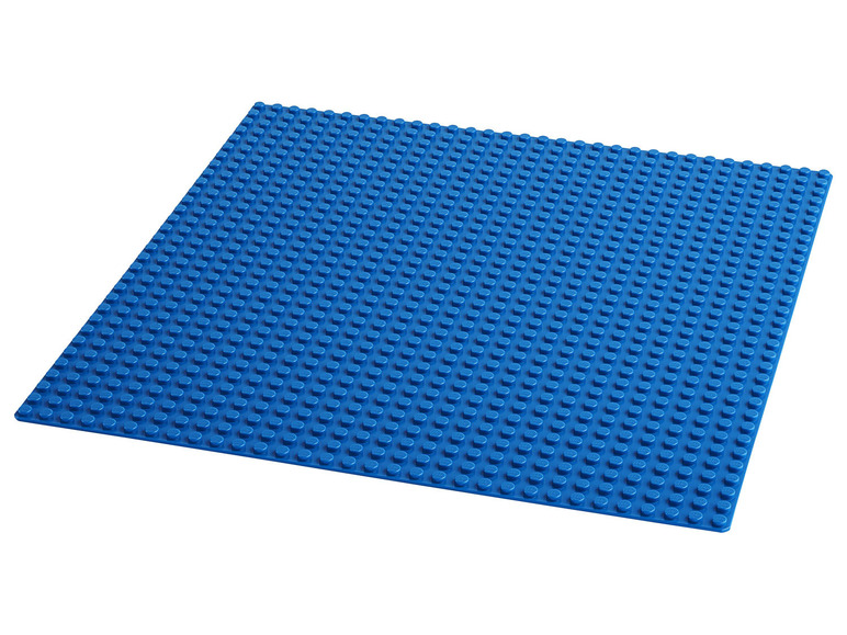 Een blauwe LEGO basisplaat voor het bouwen van modellen.