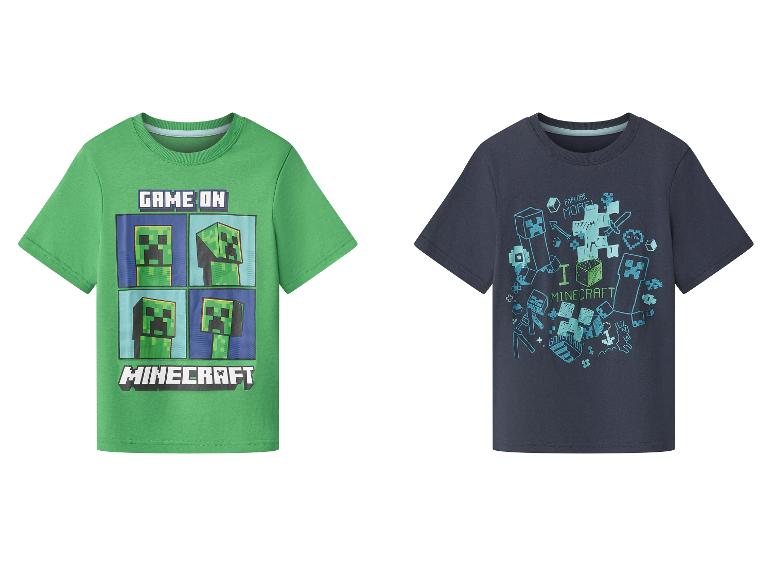 Twee Minecraft kinder-T-shirts: een groene met 'GAME ON' en een donkerblauwe met 'I LOVE MINECRAFT'.