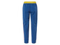 Blauwe joggingbroek met gele tailleband en rode strepen.