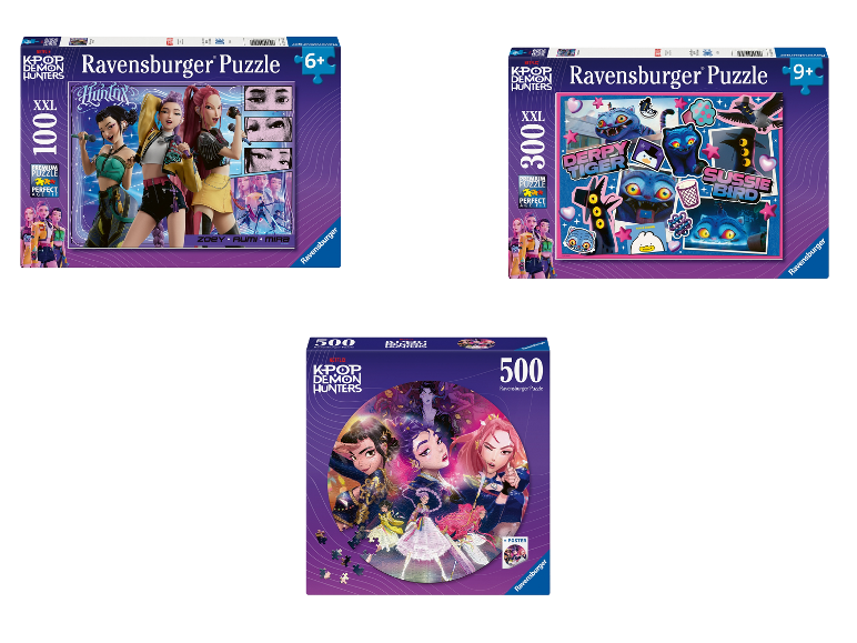 Drie verschillende Ravensburger K-POP Demon Hunters puzzels met verschillende aantallen stukjes.