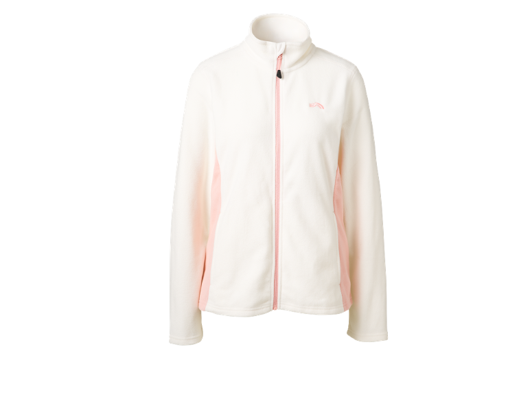 Witte fleecejas met roze rits en zijpanelen.