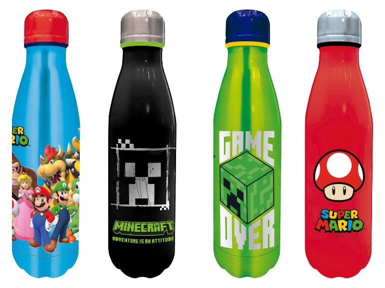 Vier roestvrijstalen waterflessen met videogamethema: Super Mario, Minecraft en Game Over.