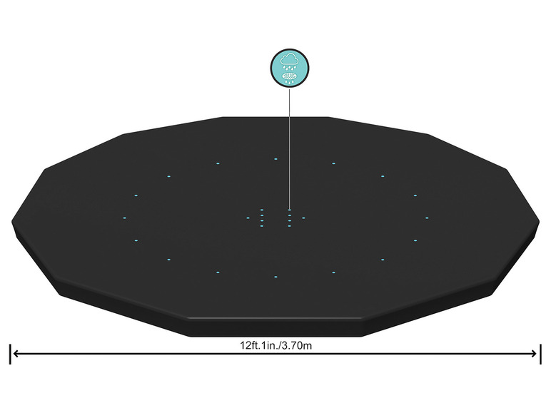 Een zwart, rond zwembaddeksel met een doorsnede van 3,70 meter.