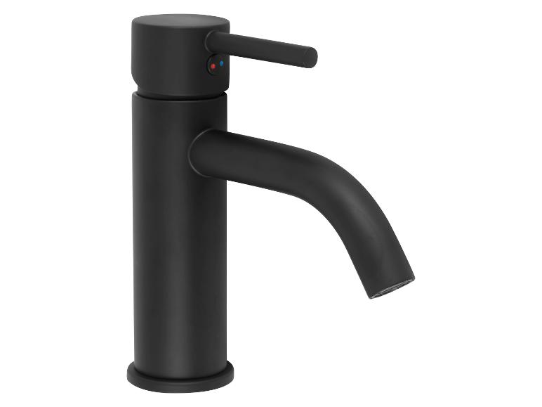 Een zwarte wastafelkraan met een enkele hendel.