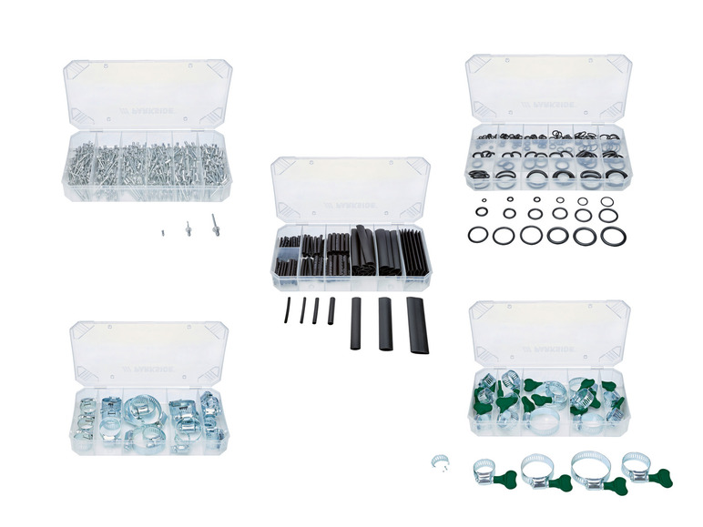 Parkside gereedschapsets: klemmen, krimpkousen, O-ringen en popnagels.