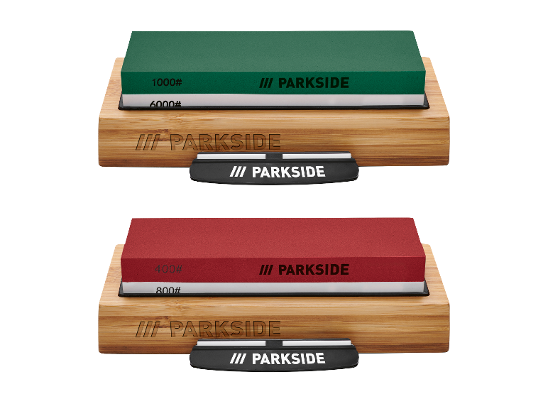Set van twee Parkside slijpstenen met houten houder.