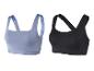 Twee sportbeha's, een blauwe en een zwarte.
