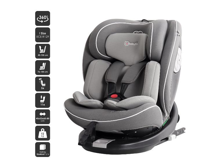 Een grijze BabyGo autostoel met 360 graden rotatie.