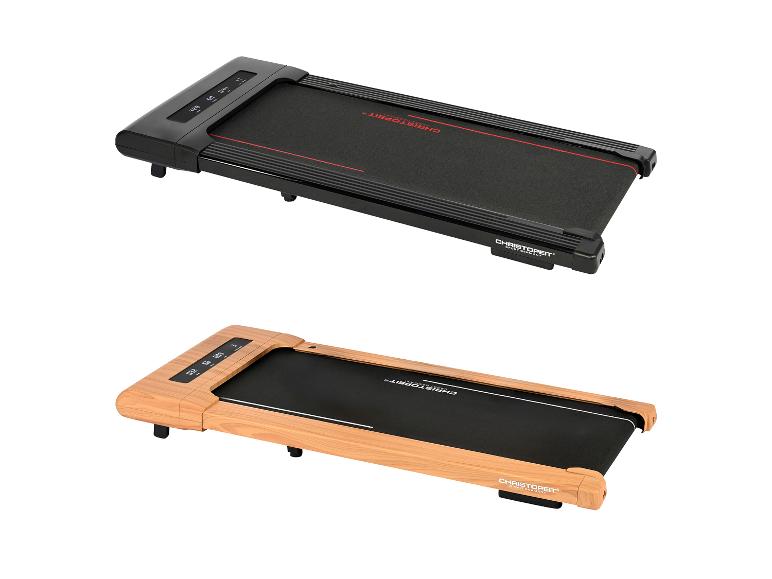 Twee Christopeit loopbanden, één zwart en één met houtafwerking, op een witte achtergrond.