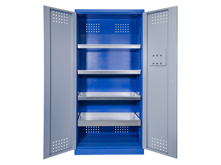 Een open blauwe metalen kast met planken en lades