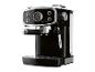 Retro koffiezetapparaat met manometer en stoompijpje, zwart met chromen details.
