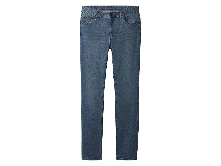 Blauwe denim straight-leg jeans op een witte achtergrond.