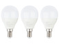 Drie Livarno E14 ledlampen met een warmwitte gloed.