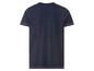 Een donkerblauw T-shirt met roze details.
