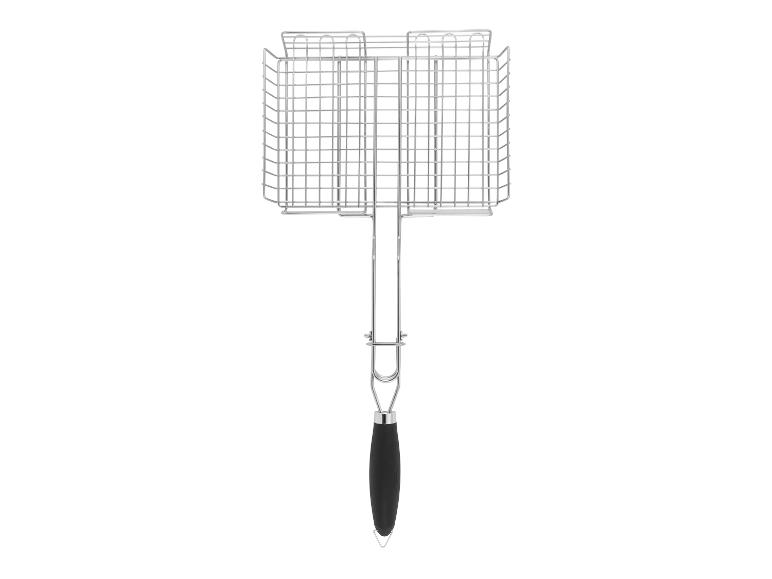 Metalen barbecue mand met een zwart handvat.