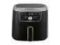 Zwarte airfryer met digitaal display dat 200°C en diverse kookfuncties toont.