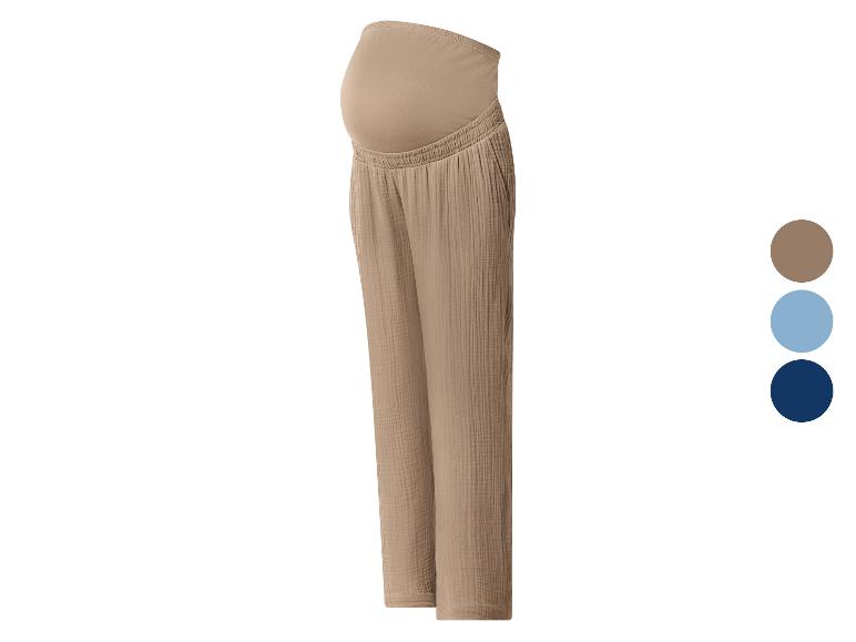Zwangerschapsbroek in beige met brede elastische tailleband, verkrijgbaar in drie kleuren.