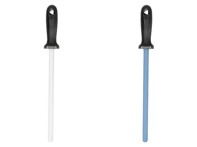 Twee messenslijpers, één met een witte staaf en één met een blauwe staaf.