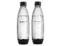 Twee transparante SodaStream flessen, gevuld met koolzuurhoudend water, met zwarte bases.