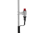 Metalen paal met rode knop en zwarte draad.