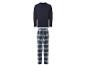 Herenpyjama: donkerblauw shirt met lange mouwen en geruite broek.