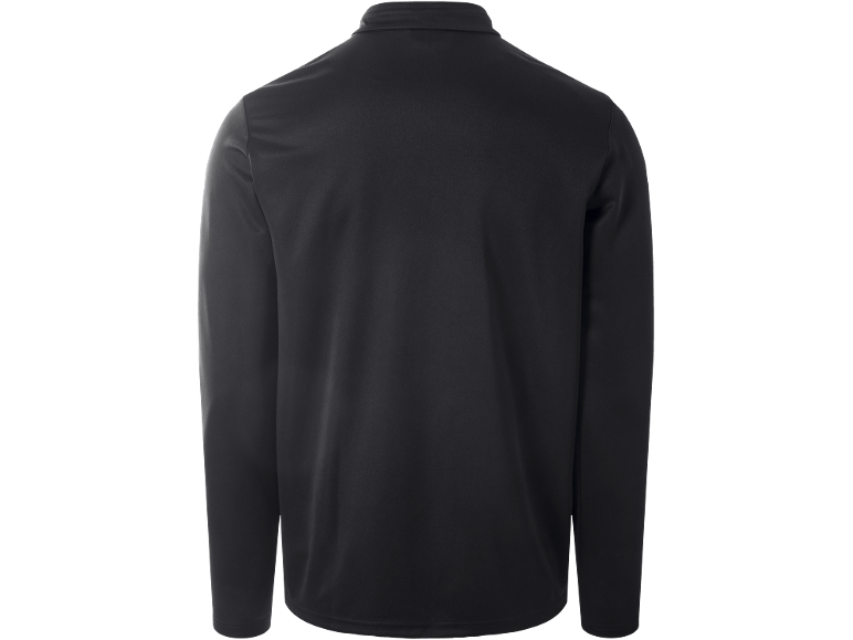 Achteraanzicht van een zwart sportshirt met lange mouwen en opstaande kraag.