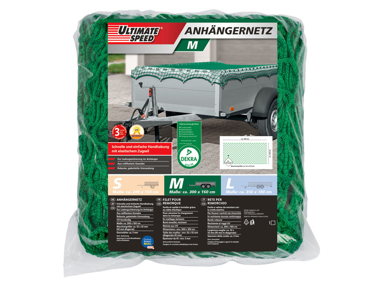 Een groen Ultimate Speed ​​aanhangnet, maat M, voor het beveiligen van lading in aanhangwagens.