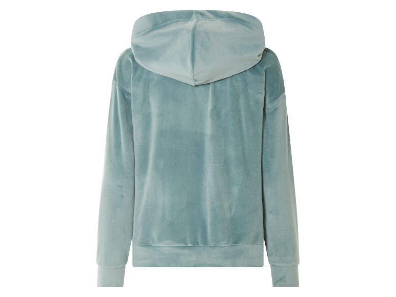 Een licht turquoise velours hoodie, van achteren gezien.