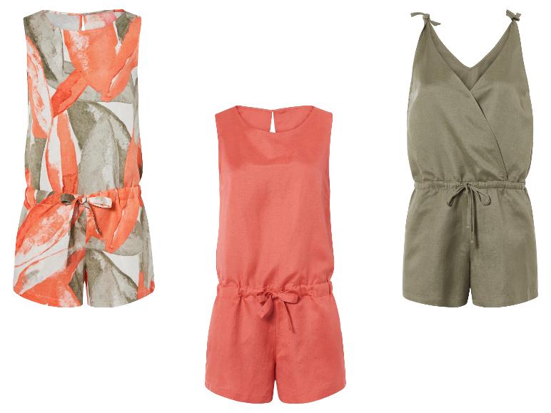 Zomerjumpsuits: bloemenprint, effen koraal en olijfgroen.