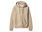 Een beige hoodie met rits en trekkoorden, van voren op een witte achtergrond.