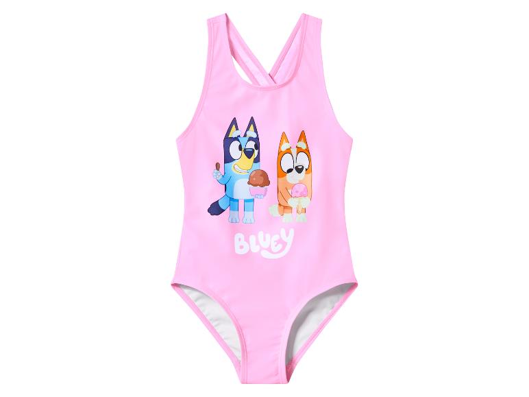 Roze kinderzwempak met stripfiguren die ijs vasthouden.